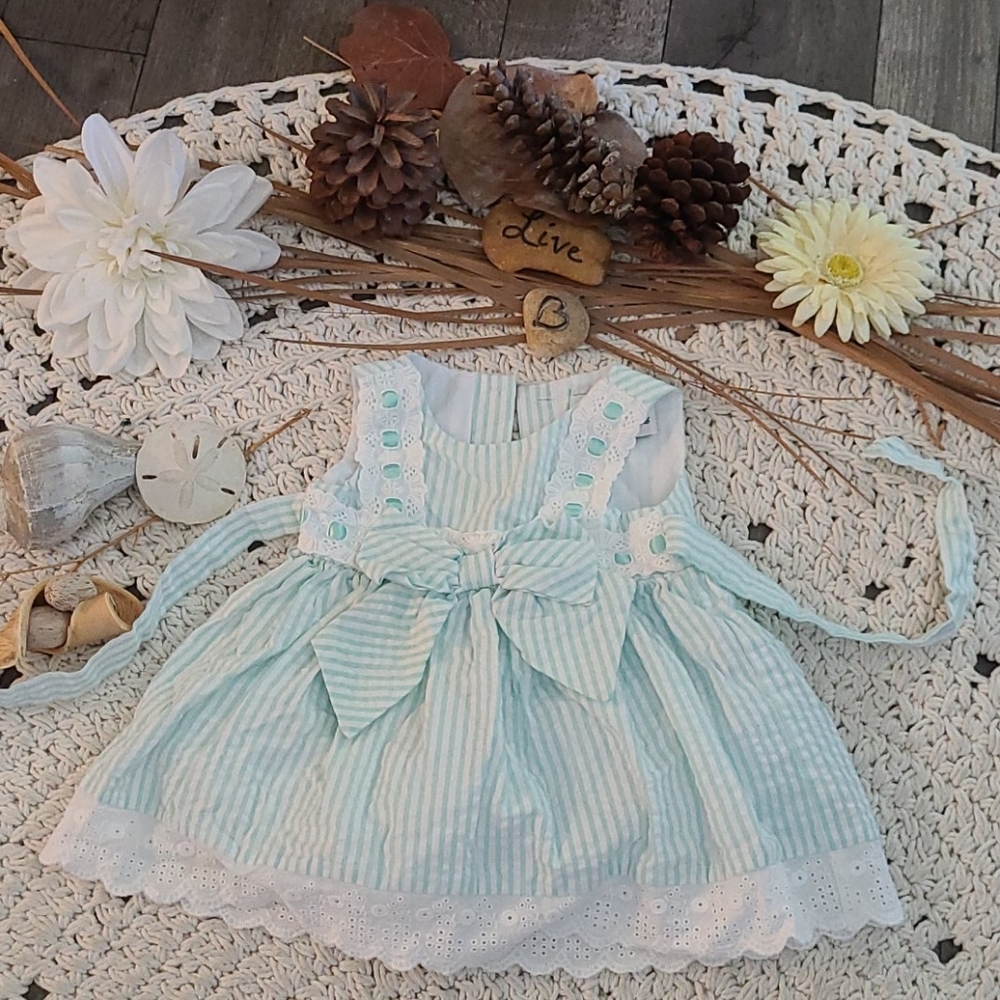 SUMMER BEAUTIFUL TEAL WHITE LACE  STRIPED  DRESS - Picture 9 of 16